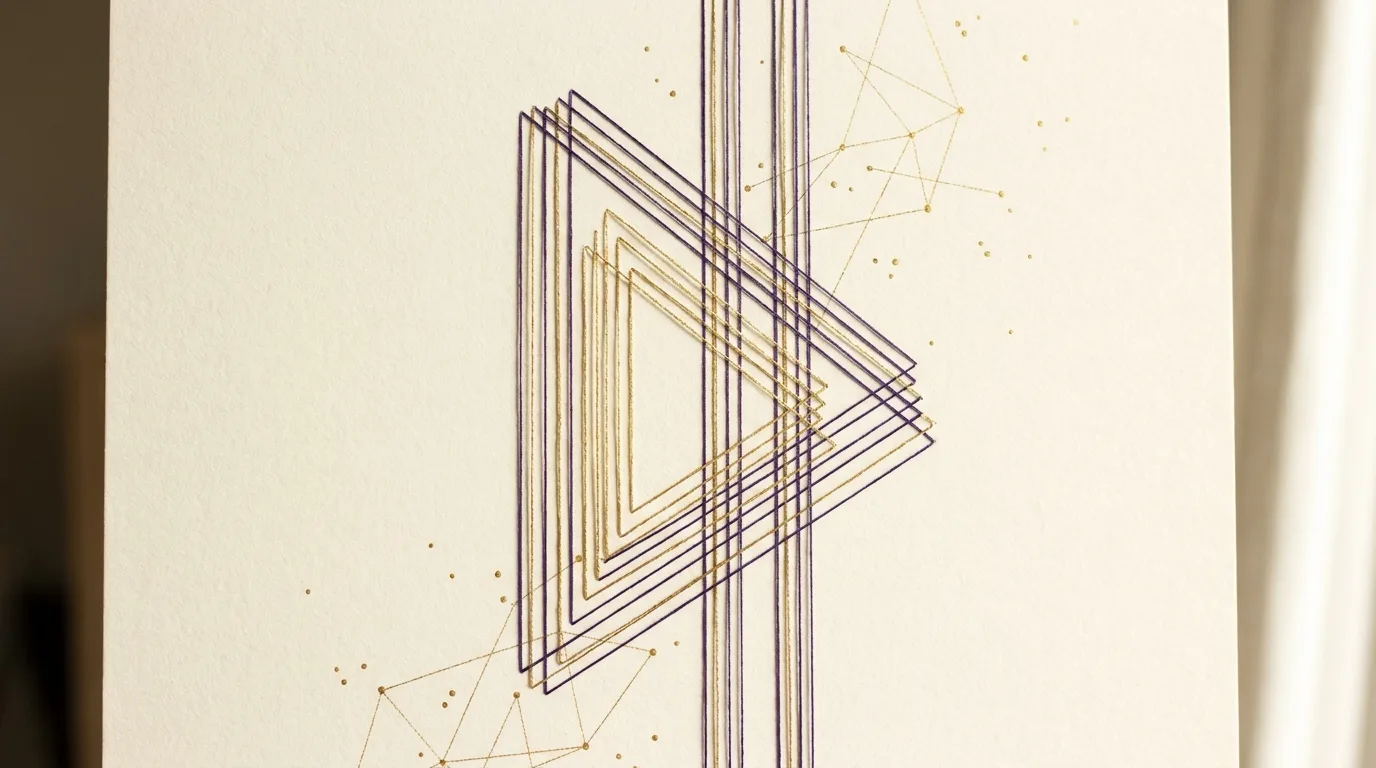 Violet and gold constellation threads on ivory paper