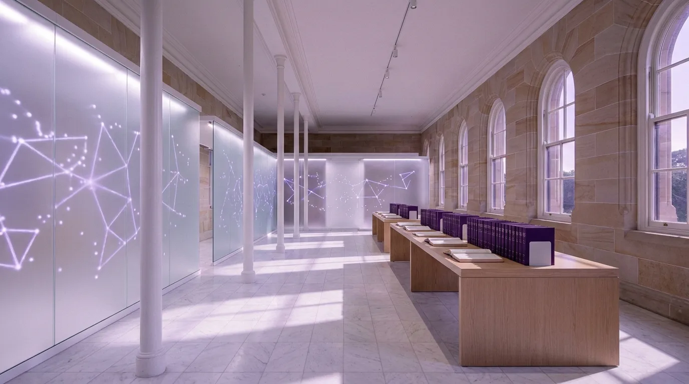The research data gallery, violet light traces across glass panels